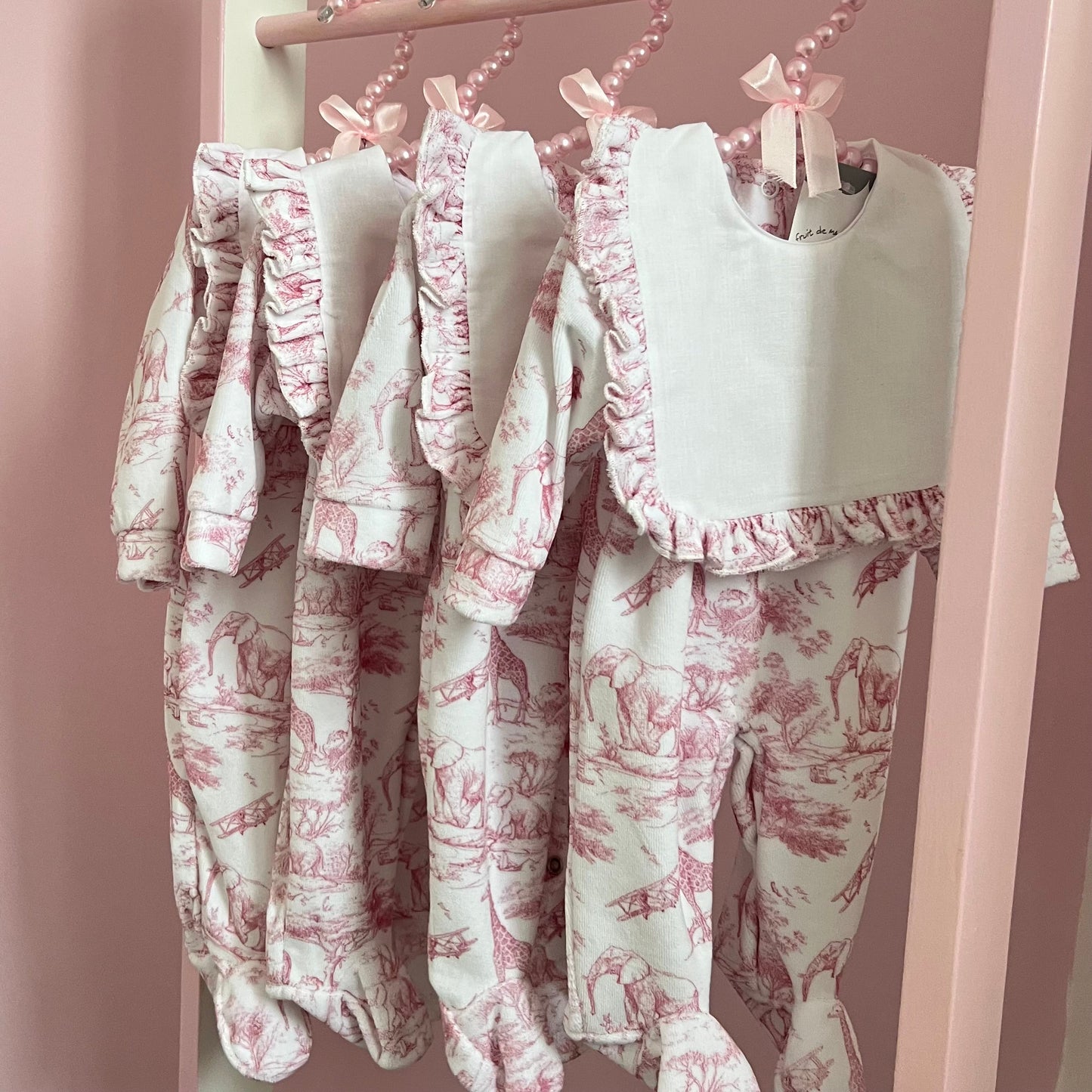 Baby Grow for Girls Safari Collection with Frilled Bib - Baby Pink