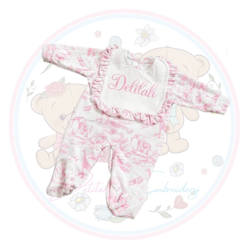 Baby Grow for Girls Safari Collection with Frilled Bib - Baby Pink