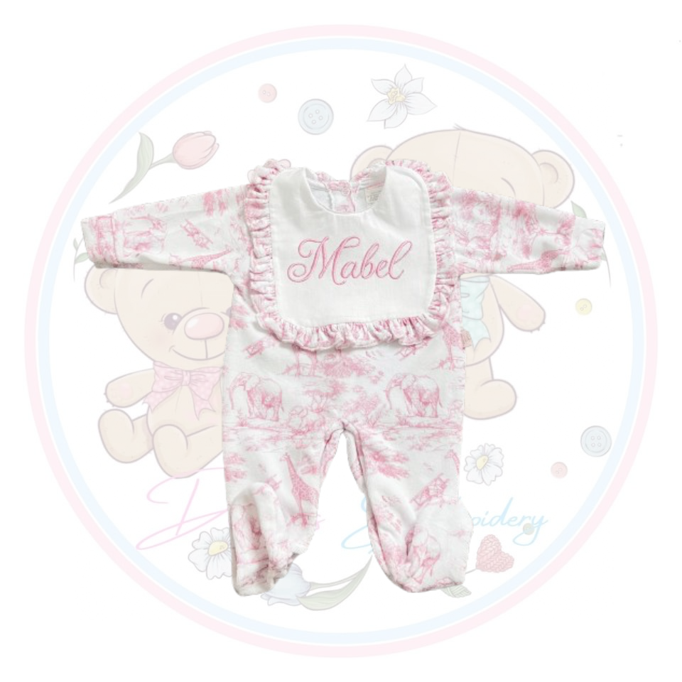 Baby Grow for Girls Safari Collection with Frilled Bib - Baby Pink