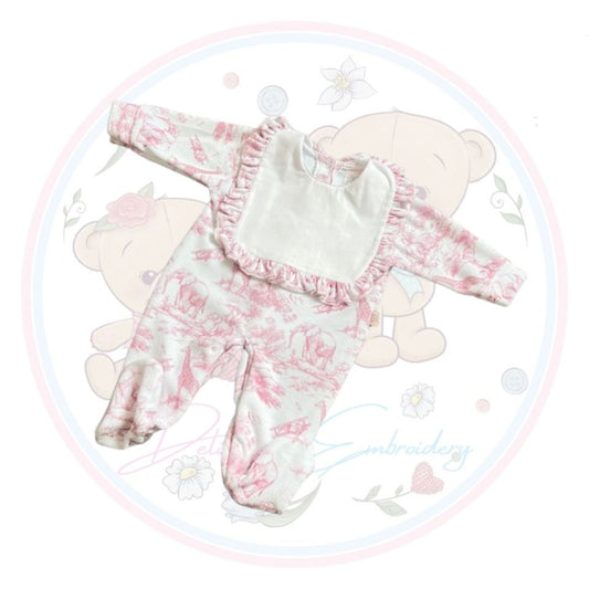 Baby Grow for Girls Safari Collection with Frilled Bib - Baby Pink