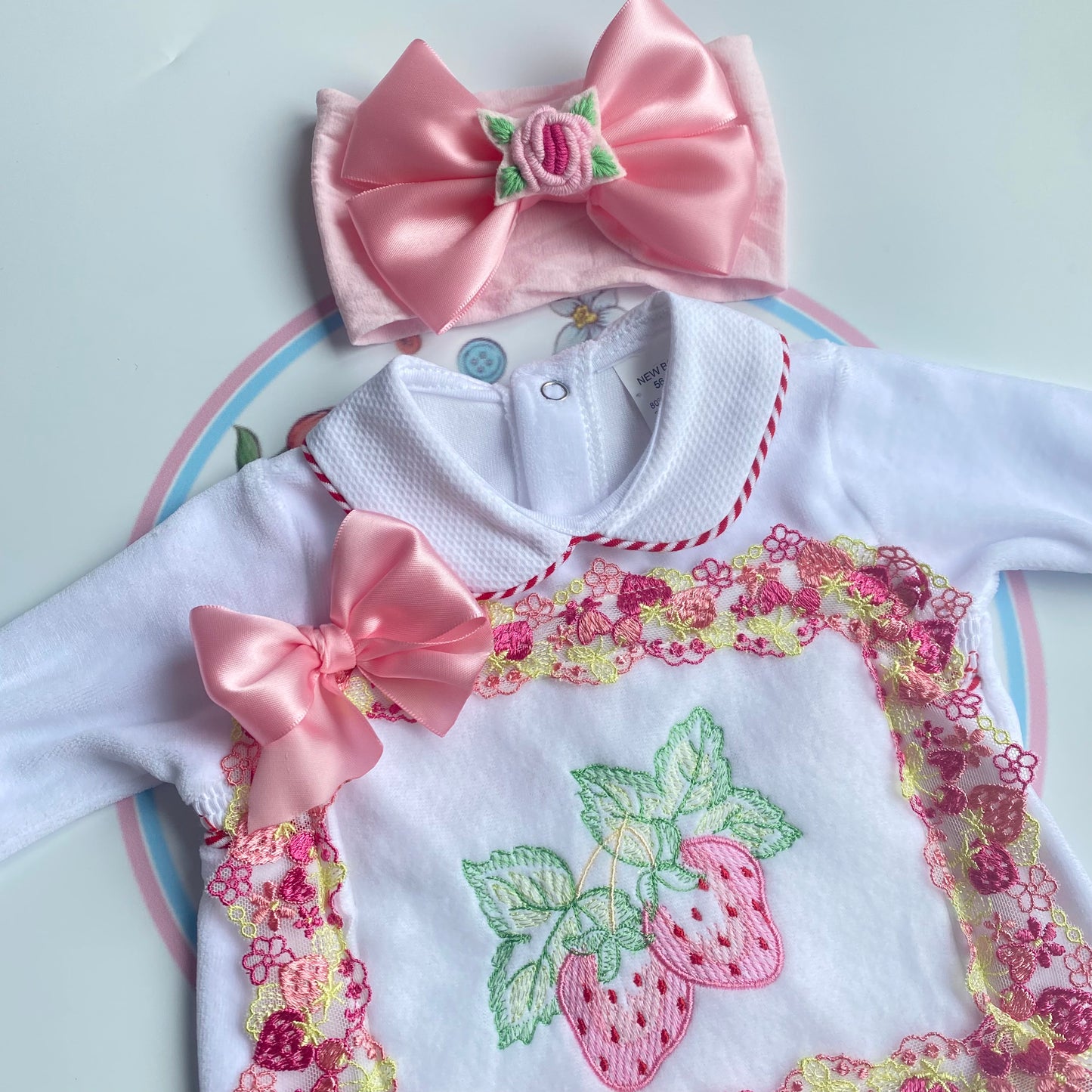 Pink Strawberry Velvet Babygrow Set