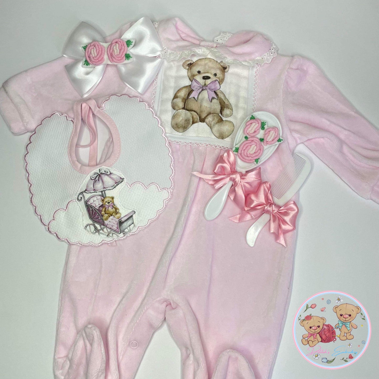 Pink Velvet Bear Babygrow Set