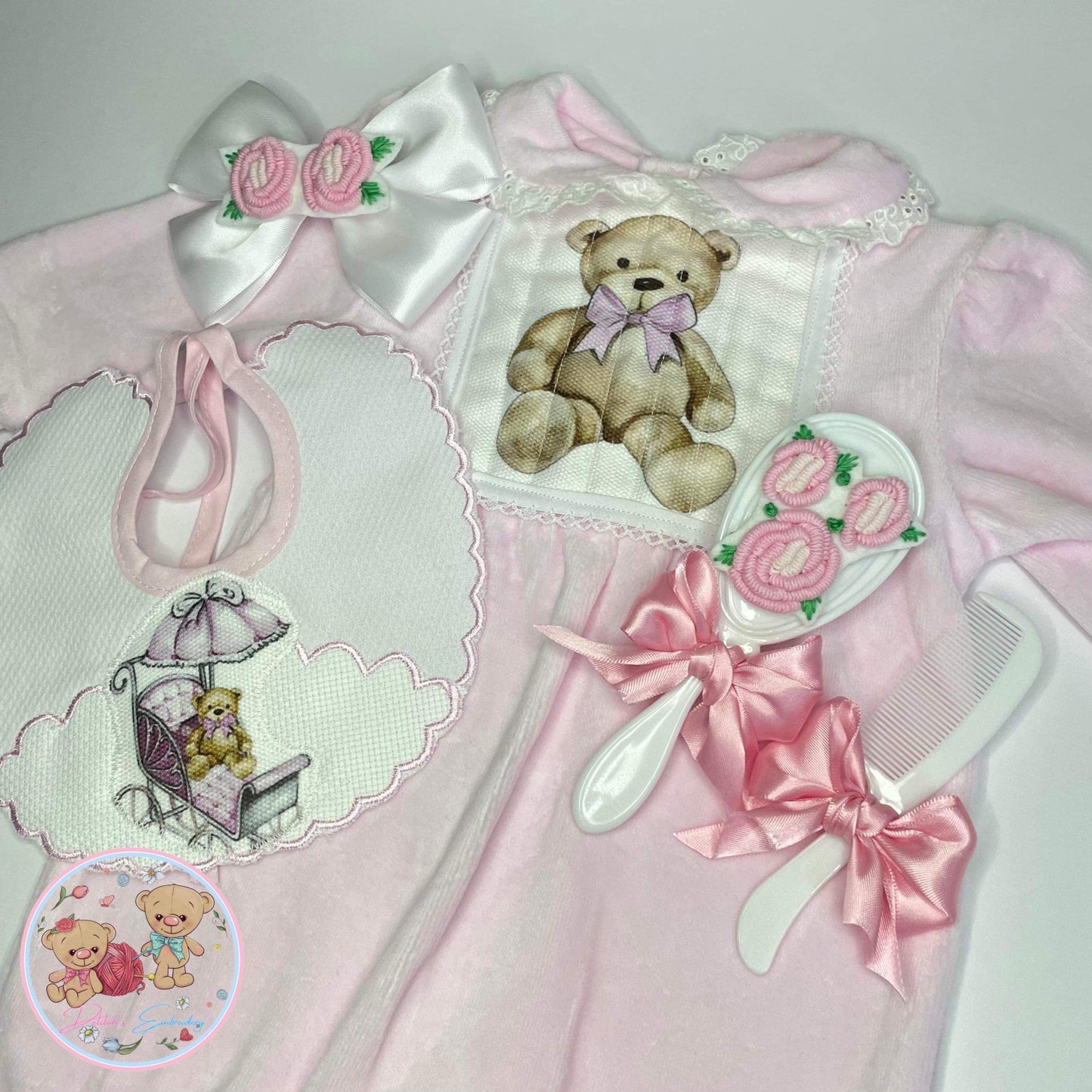 Pink Velvet Bear Babygrow Set